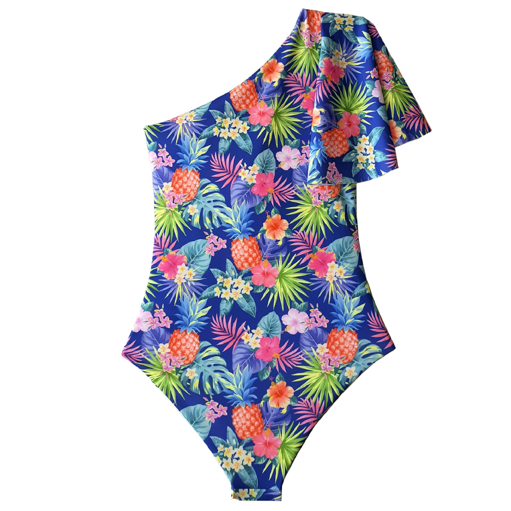 monokini con control de abdomen y estampado de piñas